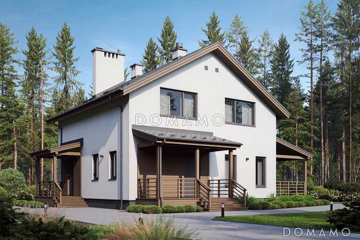 Проект дома с просторной дневной зоной, барбекю на террасе и тремя спальнями на мансарде