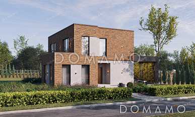 Проект двухэтажного современного дома с плоской крышей и навесом для авто