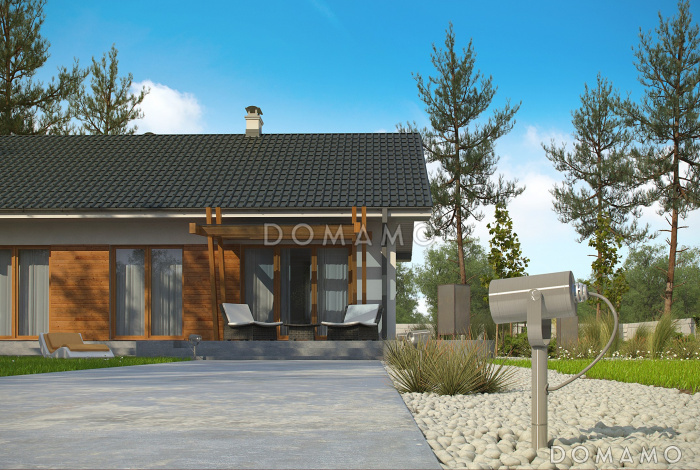 Проект простого компактного одноэтажного дома из газобетона с открытой террасой 