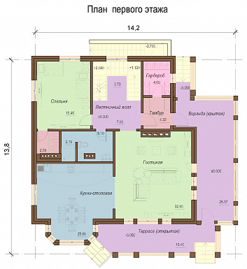 Проект одноэтажного коттеджа с цокольным и мансардным этажами, с зимним садом и вторым светом / План 1 этажа