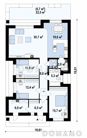 Проект стильного одноэтажного дома из газобетона с тремя спальнями  / План 1 этажа