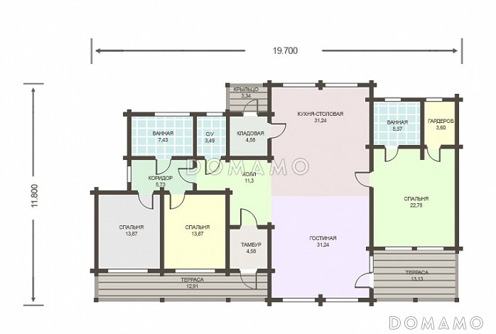 Проект каркасного дома с панорамным остеклением с тремя спальнями / План 1 этажа