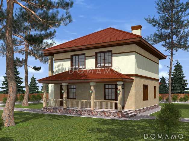 Проект двухэтажного коттеджа с террасой и двумя балконами