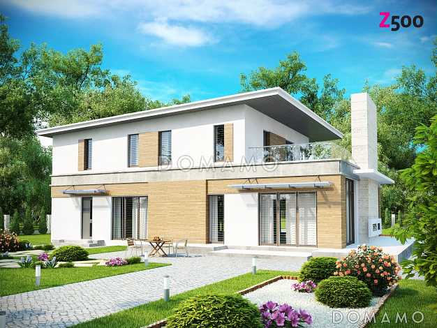 Проект современного двухэтажного дома из кирпича с плоской крышей,  с четырьмя спальнями, просторным кабинетом и гаражом