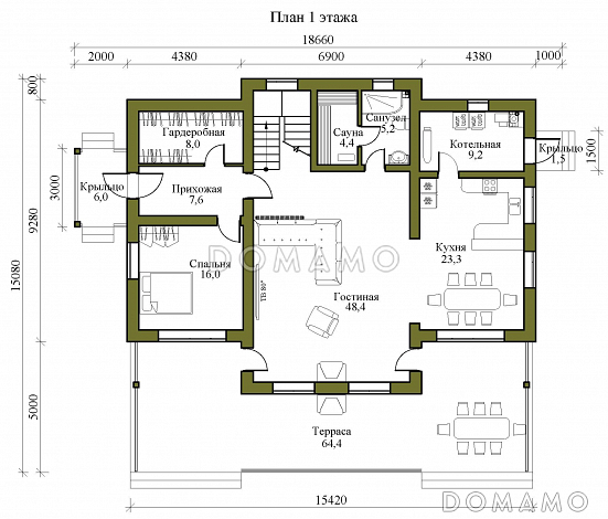 Проект двухэтажного каркасного дома с просторной террасой, сауной и пятью спальнями / План 1 этажа