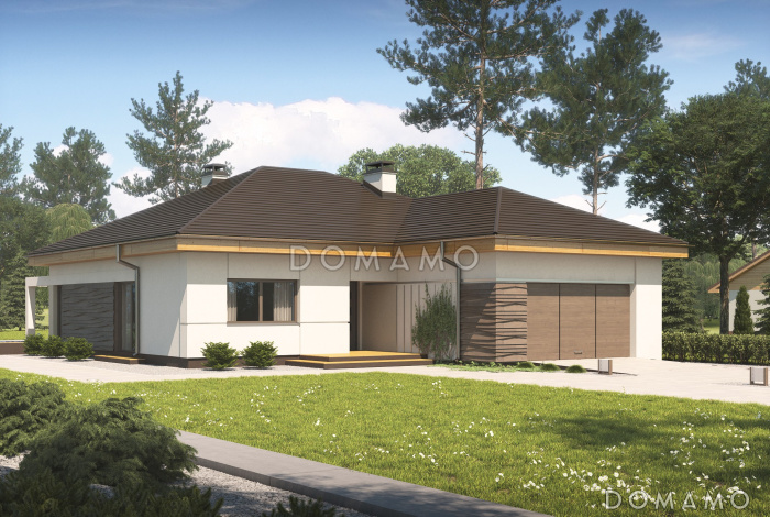 Проект современного одноэтажного дома из кирпича с тремя спальнями и большим фронтальным гаражом