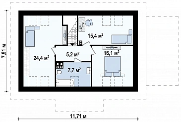 Проект одноэтажного дома из газобетона с тремя спальнями на мансардном этаже и гаражом  / План мансардного этажа