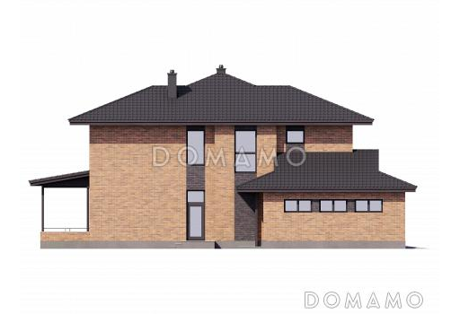 Проект двухэтажного дома  с 4 спальнями, кабинетом, гаражом на 2 машины и квадратной террасой / Фасад 2