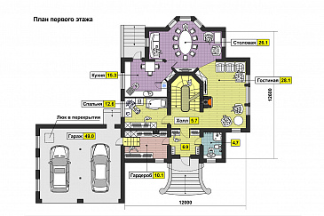 Проект дома с бассейном, сауной, спортзалом в цокольном этаже, гаражом на две машины, столовой с эркером, спальней на первом этаже, вторым светом, балконами / План 1 этажа