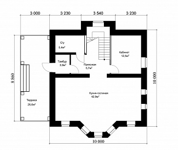 Проект классического коттеджа из кирпича с подвалом и террасой / План 1 этажа