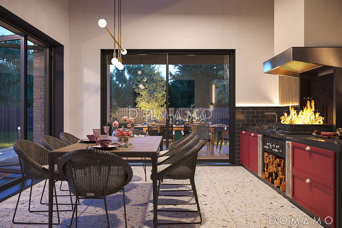 Проект современного дома с сауной, крытой террасой с барбекю, навесом для двух машин и 4 спальнями