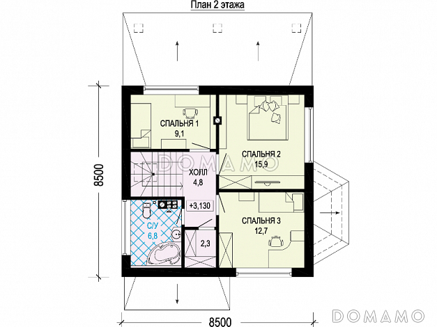 Проект одноэтажного мансардного дома по технологии ЛСТК с тремя спальнями, кабинетом, эркером и крытой террасой / План мансардного этажа