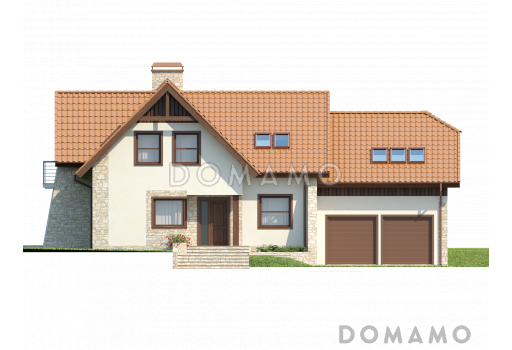 Проект просторного мансардного коттеджа из газобетона с пятью спальнями, кабинетом и гаражом / Фасад 1