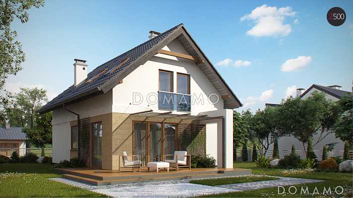 Проект компактного одноэтажного мансардного дома из кирпича с кабинетом и балконом