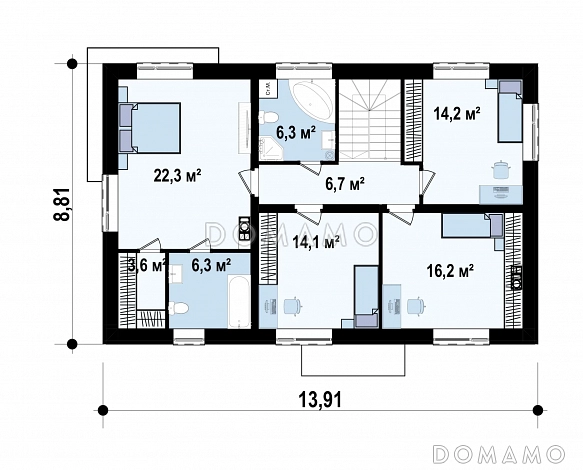Проект двухэтажного дома из газобетона с пятью спальнями и кабинетом / План 2 этажа