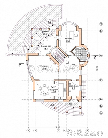 Проект коттеджа с двусветной гостиной и зимним садом / План 1 этажа
