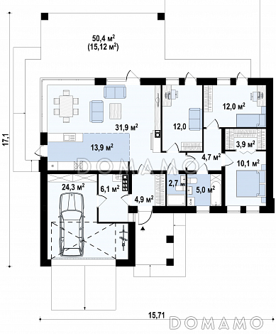 Проект комфортного одноэтажного дома из газобетона с панорамным остеклением обеденной зоны и гаражом / План 1 этажа