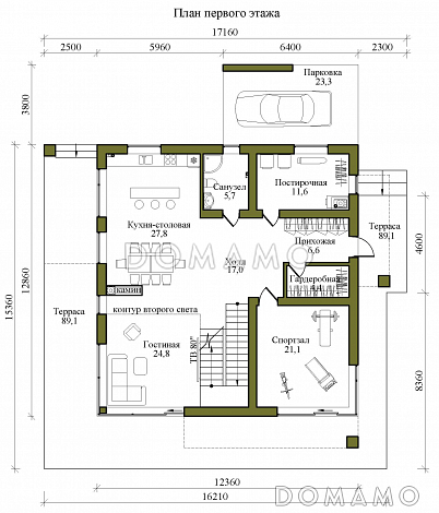 Проект двухэтажного кирпичного дома в стиле хай-тек с масштабным остеклением, вторым светом и спортзалом / План 1 этажа