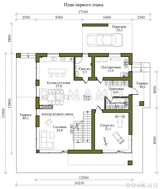 Проект двухэтажного кирпичного дома в стиле хай-тек с масштабным остеклением, вторым светом и спортзалом / План 1 этажа