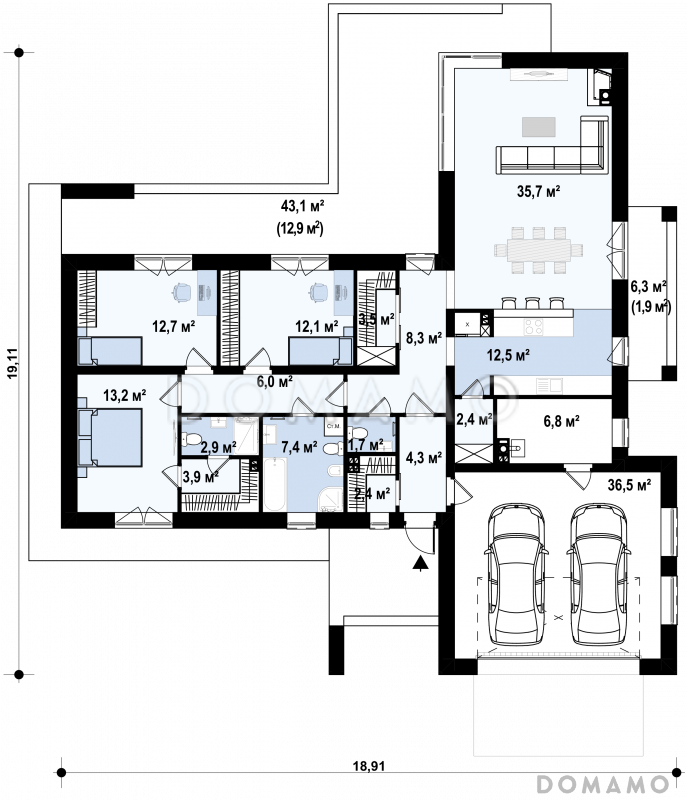 Проект одноэтажного дома из кирпича с тремя спальнями, гаражом на два автомобиля и барбекю на террасе / План 1 этажа