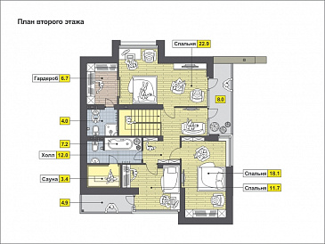 Проект загородного дома с косой крышей, открытой террасой, двумя балконами, панорамными окнами / План мансардного этажа