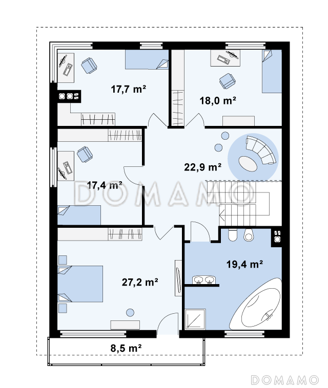 Проект большого двухэтажного дома из газобетона с цокольным этажом и подземным гаражом / План 2 этажа