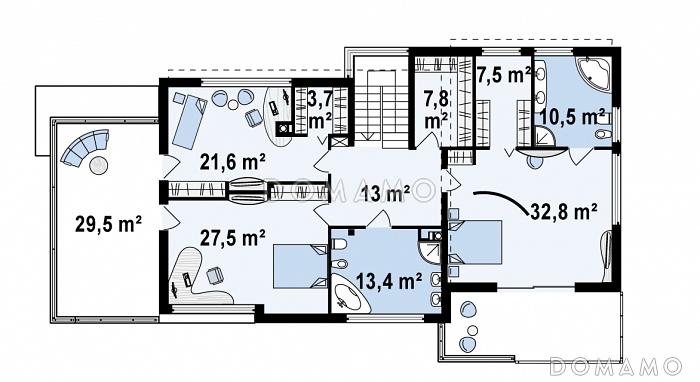 Проект современного двухэтажного дома в стиле хай-тек из газобетона с плоской крышей, балконом и гаражом с двумя отдельными въездами  / План 2 этажа