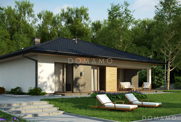 Проект современного одноэтажного дома из газобетона с разделением дневной зоны и зоны отдыха