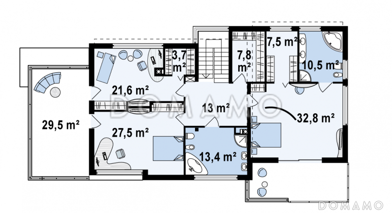 Проект современного двухэтажного дома в стиле хай-тек из газобетона с плоской крышей, балконом и гаражом с двумя отдельными въездами  / План 2 этажа
