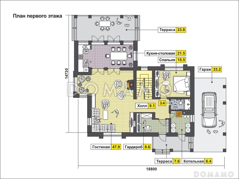 Проект загородного дома с навесом на одну машину, крытой террасой, большой гостиной, вытянутой кухней, французским балконом / План 1 этажа