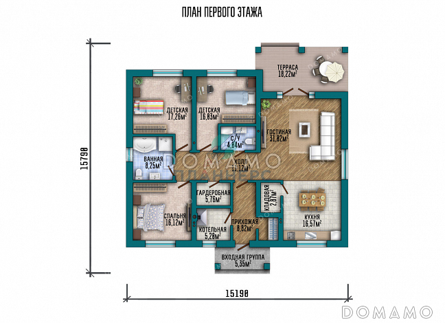 Проект одноэтажного дома с крыльцом и террасой / План 1 этажа