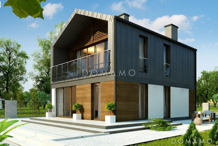 Проект компактного одноэтажного мансардного дома из кирпича с тремя спальнями, кабинетом и террасой на втором этаже