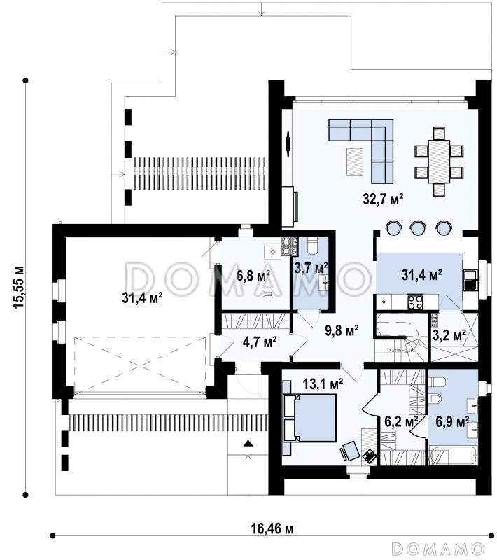 Проект современного одноэтажного мансардного дома из газобетона с панорамным остеклением, вторым светом и с гаражом  / План 1 этажа