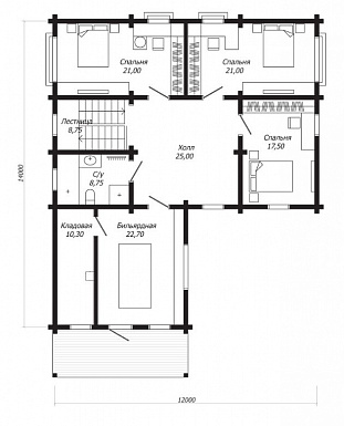 Проект дома из клееного бруса с тремя спальнями с французскими балконами, бильярдной и кладовой / План 2 этажа