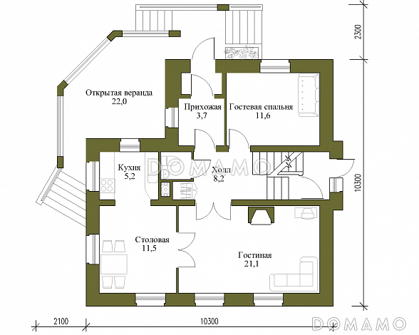 Проект коттеджа спокойных очертаний с остекленной террасой и большим подвалом / План 1 этажа