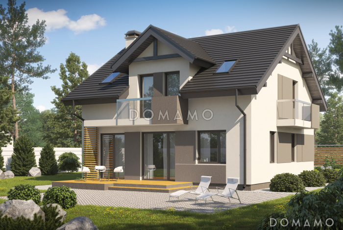 Проект современного загородного дома с террасой, кухней с кладовой, тремя спальнями с балконами на мансарде