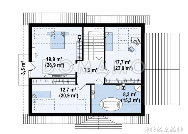 Проект классического мансардного дома из кирпича с дополнительной спальней на первом этаже, с эркером и гаражом / План мансардного этажа