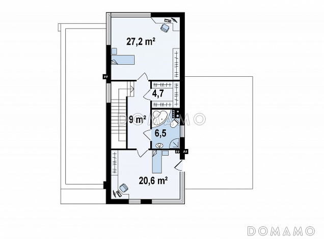 Проект современного двухэтажного дома из кирпича в стиле модерн, с террасой на втором уровне, с гаражом / План 2 этажа