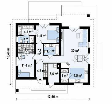 Проект простого уютного одноэтажного дома из газобетона с двумя спальнями и возможностью обустройства мансарды / План 1 этажа