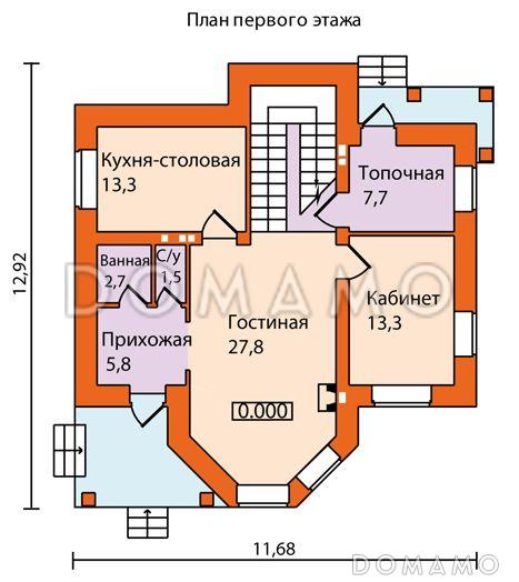 Проект кирпичного дома с необычной конфигурацией кровли / План 1 этажа