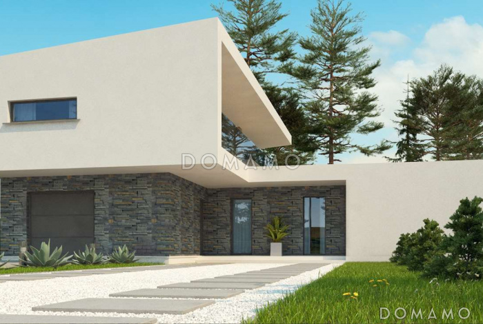 Проект современного двухэтажного дома из газобетона с плоской крышей, четырьмя комнатами и одноместным гаражом