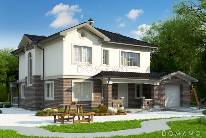 Проект  двухэтажного дома с гаражом для машины, подвалом, крытой террасой, кладовой на кухне, постирочной