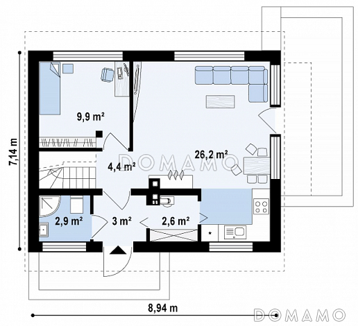 Проект компактного одноэтажного мансардного дома из кирпича с дополнительной спальней на первом этаже, адаптированный для сейсмоопасных регионов / План 1 этажа