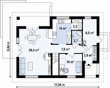 Проект одноэтажного мансардного дома из кирпича с просторной светлой гостиной / План 1 этажа