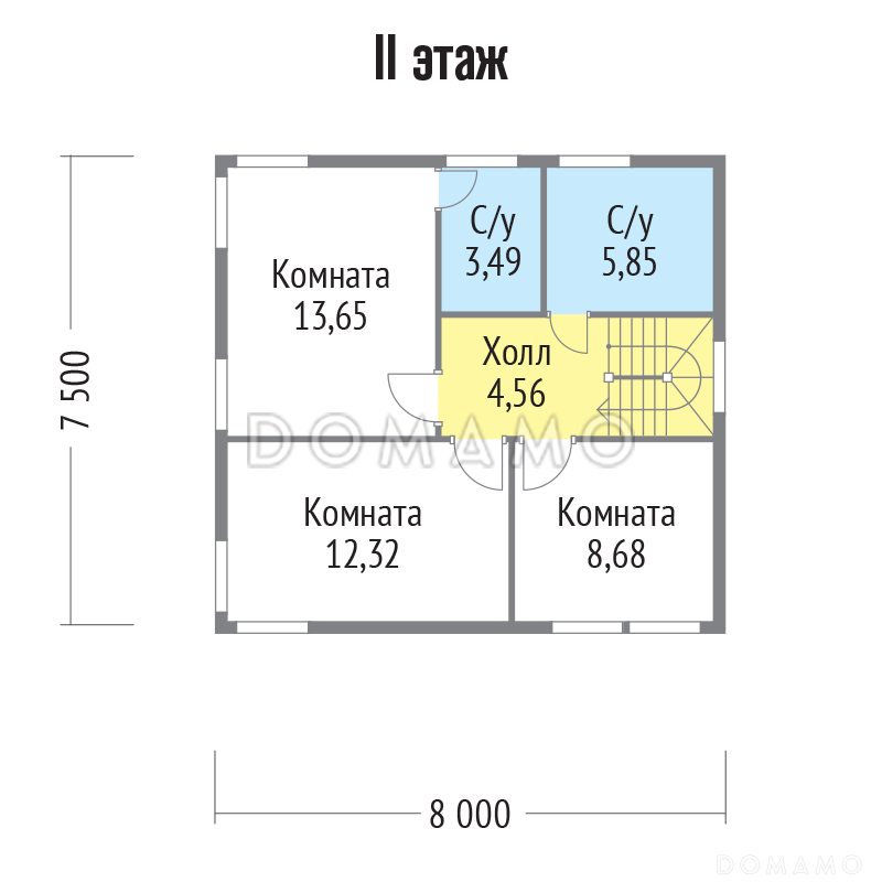 Проект двухэтажного каркасного дома с окнами в пол / План 2 этажа