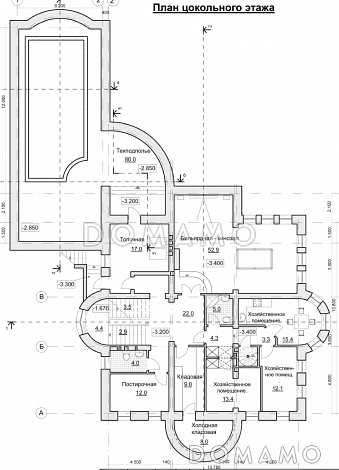 Проект коттеджа с двусветной гостиной, бассейном и зимним садом / План цокольного этажа
