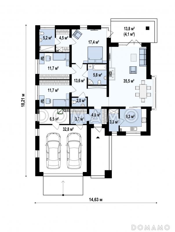 Проект одноэтажного дома с гаражом на 2 машины, кухней с кладовой, мастер-спальней, террасой / План 1 этажа
