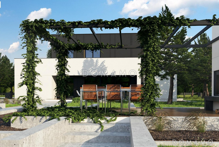 Проект современного двухэтажного дома из кирпича с подземным гаражом и террасой на втором этаже по периметру дома