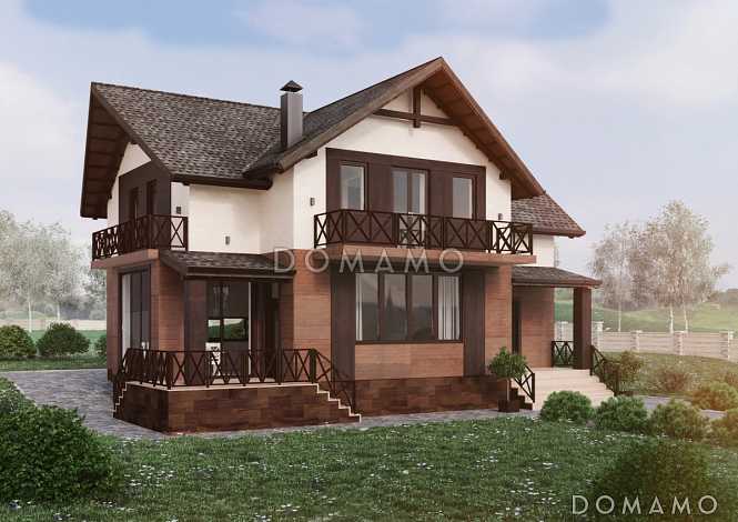 Проект дома с 4 спальнями, свободной планировкой кухни-гостиной-столовой и балконами на мансарде