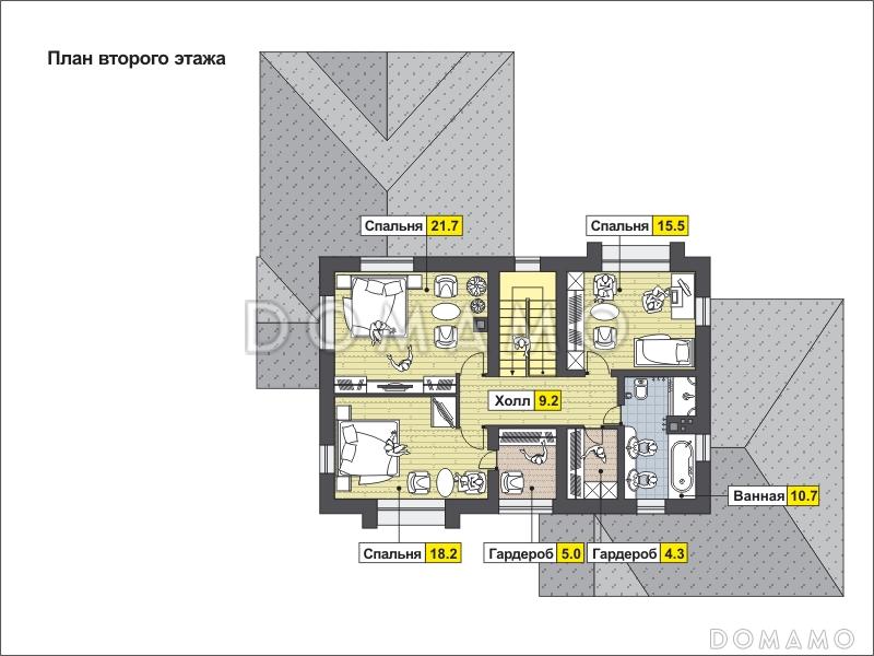 Проект загородного дома с навесом на одну машину, крытой террасой, большой гостиной, вытянутой кухней, французским балконом / План 2 этажа